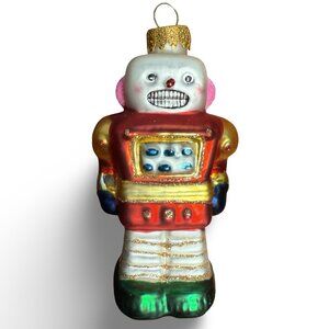 Vintage UT Glass Robot‎ Christmas Ornament Retro Hand Painted Multicolor Glitter